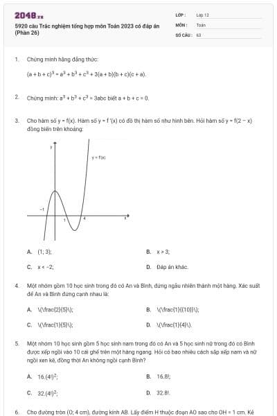 5920 câu Trắc nghiệm tổng hợp môn Toán 2023 có đáp án (Phần 26)