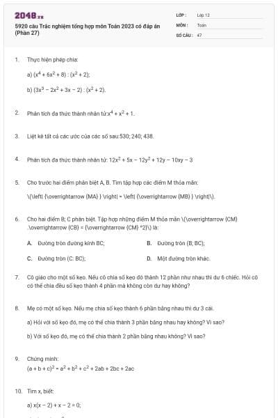 5920 câu Trắc nghiệm tổng hợp môn Toán 2023 có đáp án (Phần 27)
