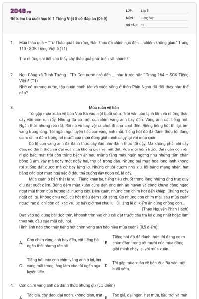 Đề kiểm tra cuối học kì 1 Tiếng Việt 5 có đáp án (Đề 9)