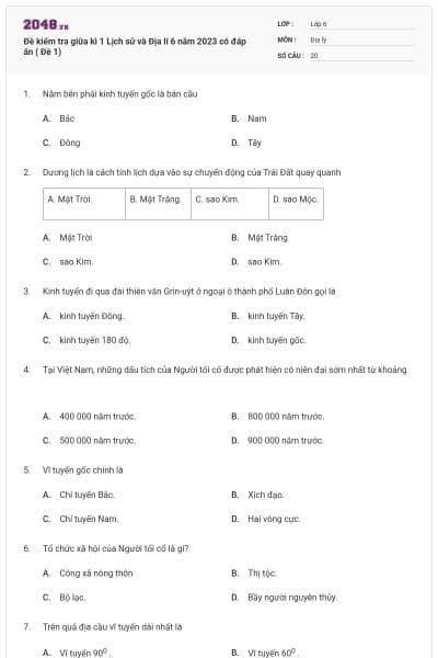 Đề kiểm tra giữa kì 1 Lịch sử và Địa lí 6 năm 2023 có đáp án ( Đề 1)