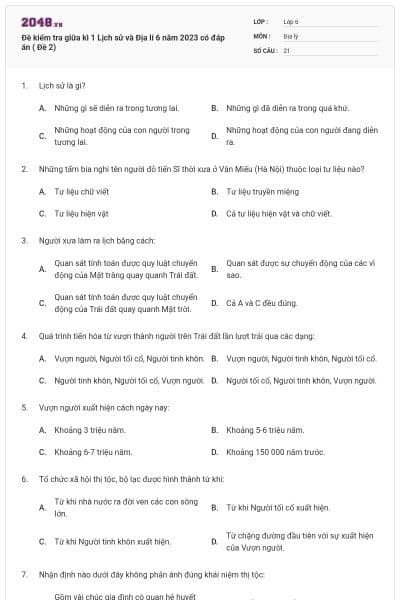 Đề kiểm tra giữa kì 1 Lịch sử và Địa lí 6 năm 2023 có đáp án ( Đề 2)