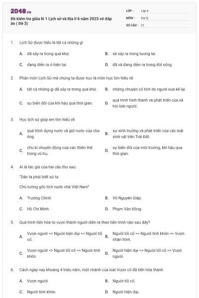Đề kiểm tra giữa kì 1 Lịch sử và Địa lí 6 năm 2023 có đáp án ( Đề 3)