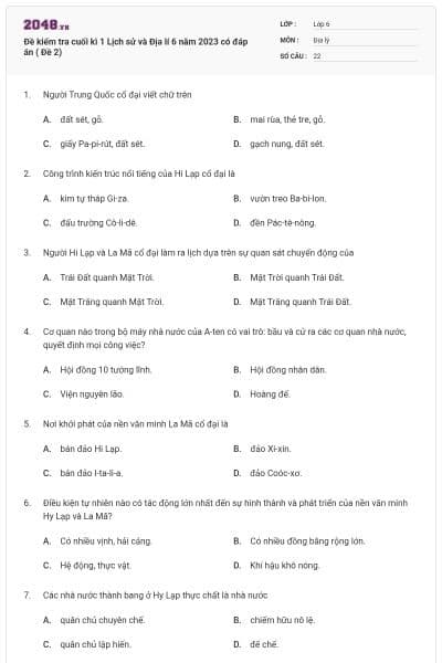 Đề kiểm tra cuối kì 1 Lịch sử và Địa lí 6 năm 2023 có đáp án ( Đề 2)
