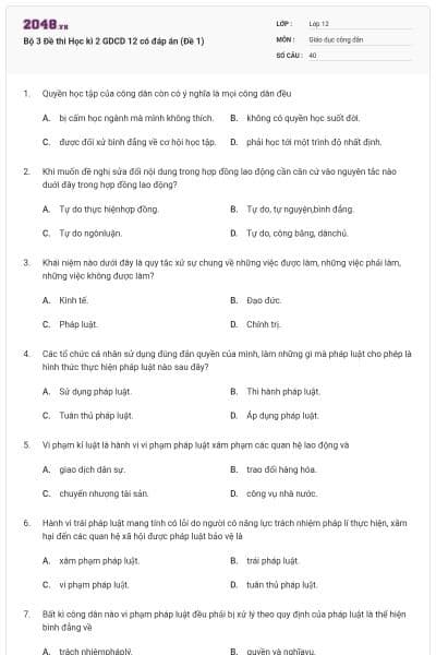 Bộ 3 Đề thi Học kì 2 GDCD 12 có đáp án (Đề 1)