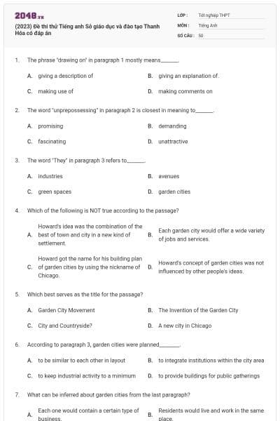 (2023) Đề thi thử Tiếng anh Sở giáo dục và đào tạo Thanh Hóa có đáp án