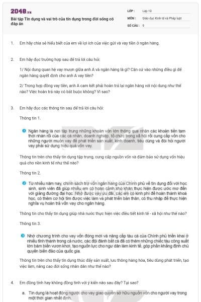 Bài tập Tín dụng và vai trò của tín dụng trong đời sống có đáp án
