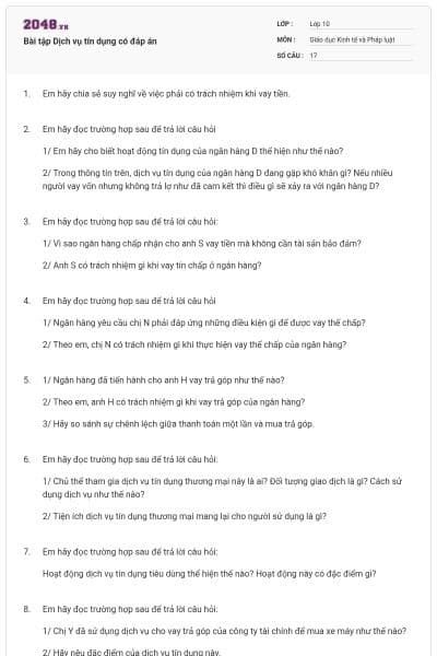 Bài tập Dịch vụ tín dụng có đáp án