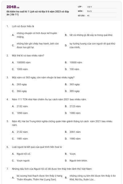 Đề kiểm tra cuối kì 1 Lịch sử và Địa lí 6 năm 2023 có đáp án ( Đề 11)