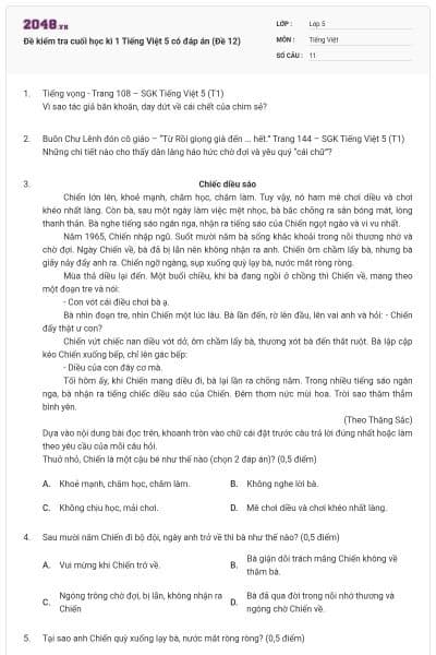 Đề kiểm tra cuối học kì 1 Tiếng Việt 5 có đáp án (Đề 12)