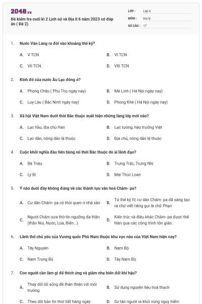 Đề kiểm tra cuối kì 2 Lịch sử và Địa lí 6 năm 2023 có đáp án ( Đề 2)