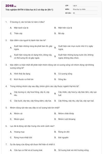 Trắc nghiệm KHTN 6 Giữa học kì 2 có đáp án (Đề 1)