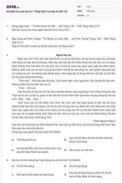 Đề kiểm tra cuối học kì 1 Tiếng Việt 5 có đáp án (Đề 15)