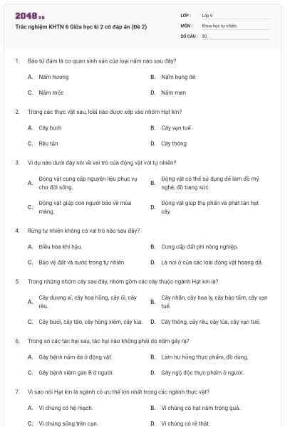 Trắc nghiệm KHTN 6 Giữa học kì 2 có đáp án (Đề 2)