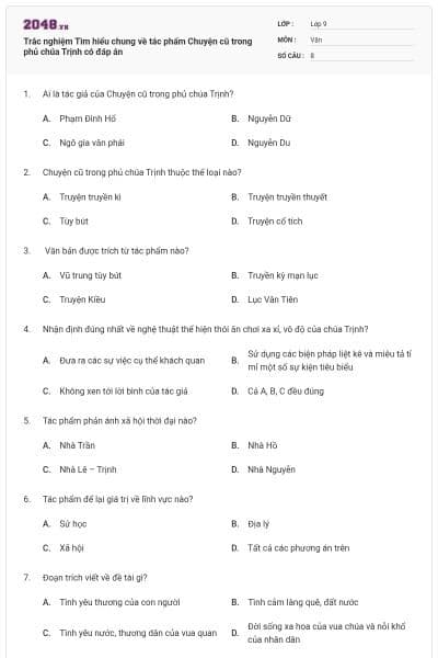 Trắc nghiệm Tìm hiểu chung về tác phẩm Chuyện cũ trong phủ chúa Trịnh có đáp án