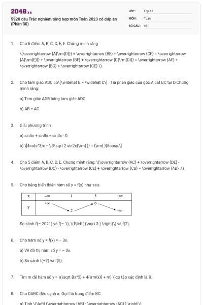 5920 câu Trắc nghiệm tổng hợp môn Toán 2023 có đáp án (Phần 30)