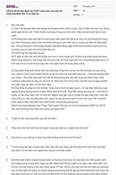(2023) Đề thi thử Ngữ văn THPT soạn theo ma trận đề minh họa BGD (Đề 1) có đáp án
