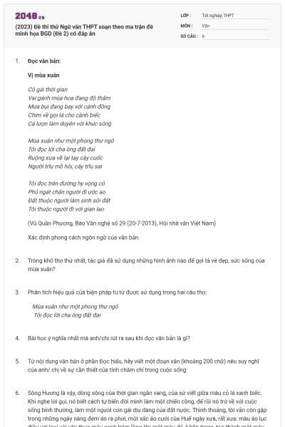 (2023) Đề thi thử Ngữ văn THPT soạn theo ma trận đề minh họa BGD (Đề 2) có đáp án