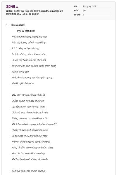 (2023) Đề thi thử Ngữ văn THPT soạn theo ma trận đề minh họa BGD (Đề 3) có đáp án