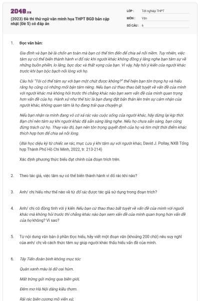 (2023) Đề thi thử ngữ văn minh họa THPT BGD bản cập nhật (Đề 5) có đáp án