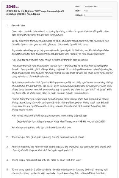 (2023) Đề thi thử Ngữ văn THPT soạn theo ma trận đề minh họa BGD (Đề 7) có đáp án