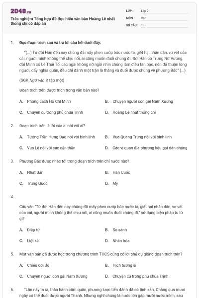 Trắc nghiệm Tổng hợp đề đọc hiểu văn bản Hoàng Lê nhất thống chí có đáp án
