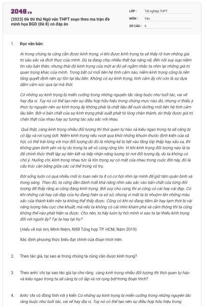 (2023) Đề thi thử Ngữ văn THPT soạn theo ma trận đề minh họa BGD (Đề 8) có đáp án