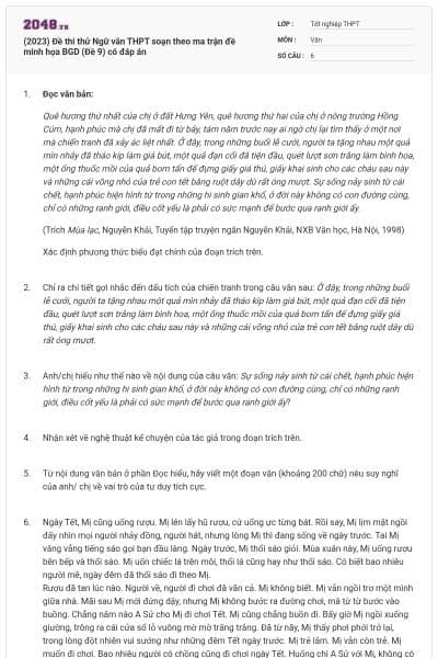 (2023) Đề thi thử Ngữ văn THPT soạn theo ma trận đề minh họa BGD (Đề 9) có đáp án