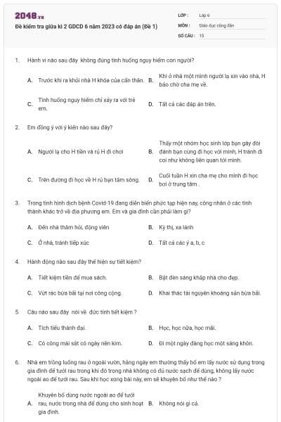 Đề kiểm tra giữa kì 2 GDCD 6 năm 2023 có đáp án (Đề 1)