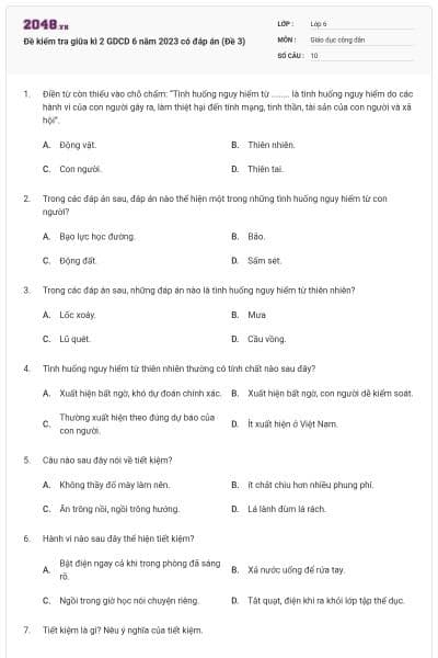 Đề kiểm tra giữa kì 2 GDCD 6 năm 2023 có đáp án (Đề 3)