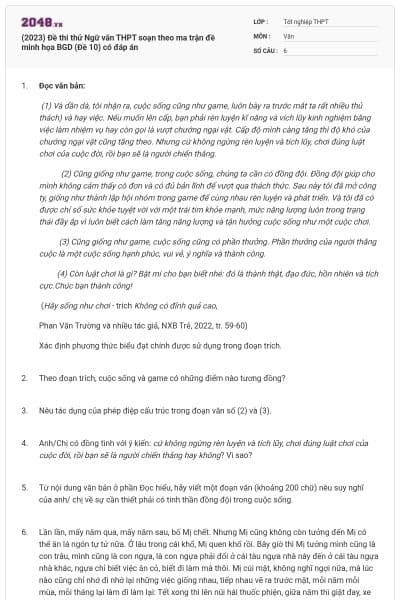(2023) Đề thi thử Ngữ văn THPT soạn theo ma trận đề minh họa BGD (Đề 10) có đáp án