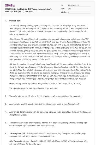 (2023) Đề thi thử Ngữ văn THPT soạn theo ma trận đề minh họa BGD (Đề 11) có đáp án
