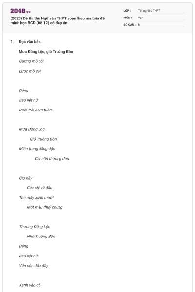 (2023) Đề thi thử Ngữ văn THPT soạn theo ma trận đề minh họa BGD (Đề 12) có đáp án