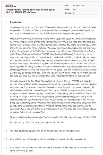 (2023) Đề thi thử Ngữ văn THPT soạn theo ma trận đề minh họa BGD (Đề 13) có đáp án