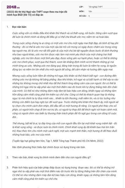 (2023) Đề thi thử Ngữ văn THPT soạn theo ma trận đề minh họa BGD (Đề 15) có đáp án