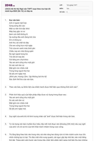 (2023) Đề thi thử Ngữ văn THPT soạn theo ma trận đề minh họa BGD (Đề 16) có đáp án