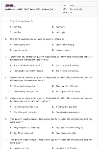 Đề kiểm tra cuối kì 2 GDCD 6 năm 2023 có đáp án (Đề 1)