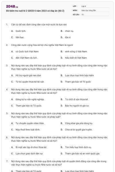 Đề kiểm tra cuối kì 2 GDCD 6 năm 2023 có đáp án (Đề 2)