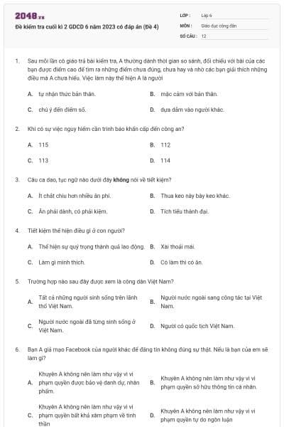 Đề kiểm tra cuối kì 2 GDCD 6 năm 2023 có đáp án (Đề 4)