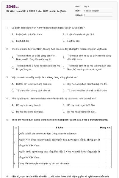 Đề kiểm tra cuối kì 2 GDCD 6 năm 2023 có đáp án (Đề 6)