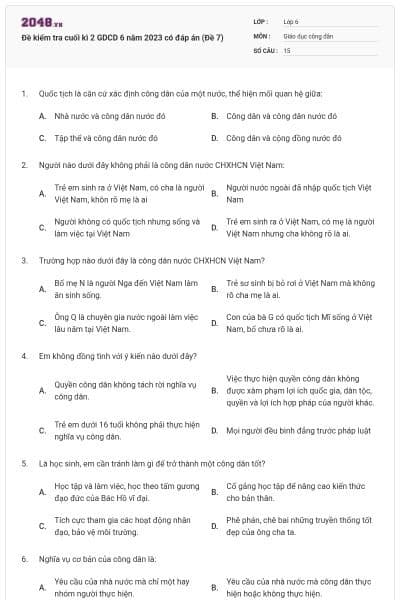 Đề kiểm tra cuối kì 2 GDCD 6 năm 2023 có đáp án (Đề 7)