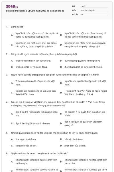 Đề kiểm tra cuối kì 2 GDCD 6 năm 2023 có đáp án (Đề 8)