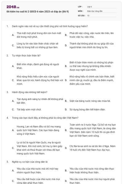 Đề kiểm tra cuối kì 2 GDCD 6 năm 2023 có đáp án (Đề 9)