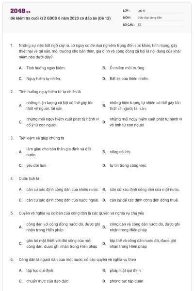 Đề kiểm tra cuối kì 2 GDCD 6 năm 2023 có đáp án (Đề 12)