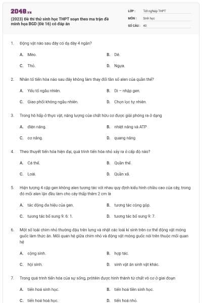 (2023) Đề thi thử sinh học THPT soạn theo ma trận đề minh họa BGD (Đề 16) có đáp án