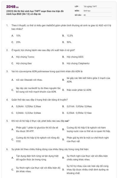 (2023) Đề thi thử sinh học THPT soạn theo ma trận đề minh họa BGD (Đề 13) có đáp án