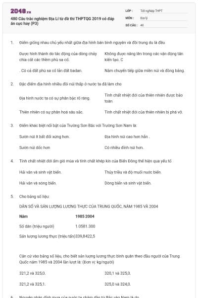 480 Câu trắc nghiệm Địa Lí từ đề thi THPTQG 2019 có đáp án cực hay (P3)