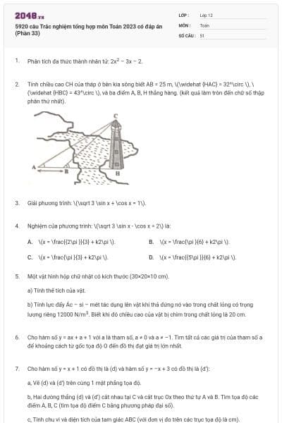 5920 câu Trắc nghiệm tổng hợp môn Toán 2023 có đáp án (Phần 33)