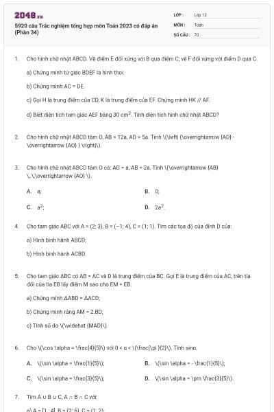 5920 câu Trắc nghiệm tổng hợp môn Toán 2023 có đáp án (Phần 34)