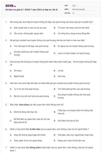 Đề kiểm tra giữa kì 1 GDCD 7 năm 2023 có đáp án ( Đề 6)
