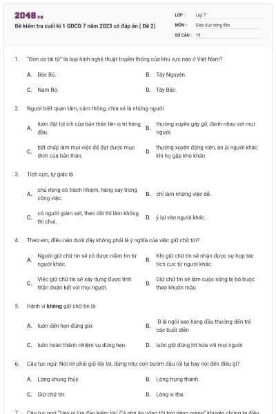 Đề kiểm tra cuối kì 1 GDCD 7 năm 2023 có đáp án ( Đề 2)